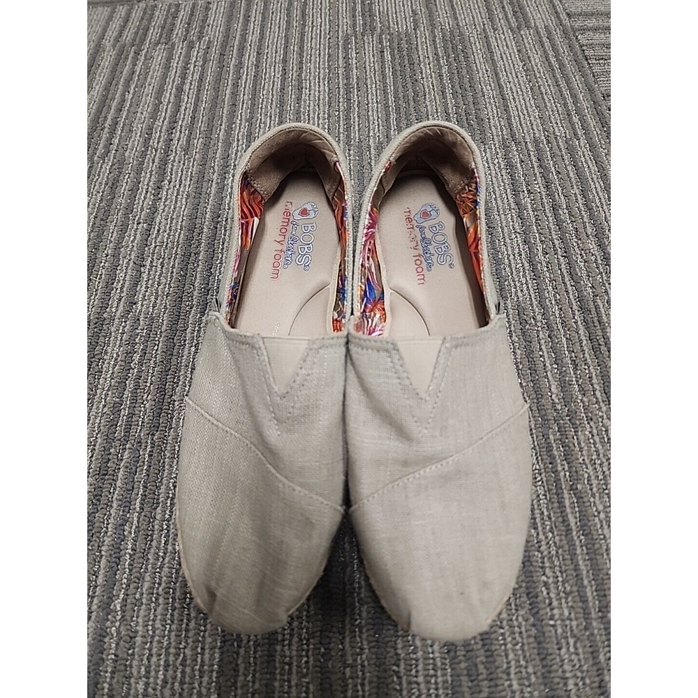 BOBS From Sketchers Womens Taupe Canvas Slip On, Espadrille, Low Heel. Size 9